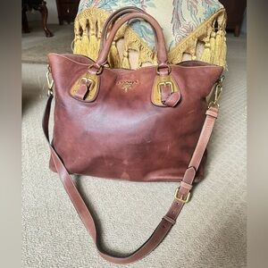 Authentic Prada Brown Leather Bag with Gold Accents